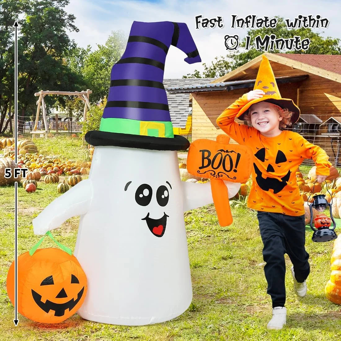 Halloween Inflatable 5 FT Blow up Ghost Inflatable with Pumpkin, Halloween Inflatables Ghost Cute Outdoor Ghost Decorations, Halloween Blow up Decorations Clearance for Holiday/Garden/Lawn