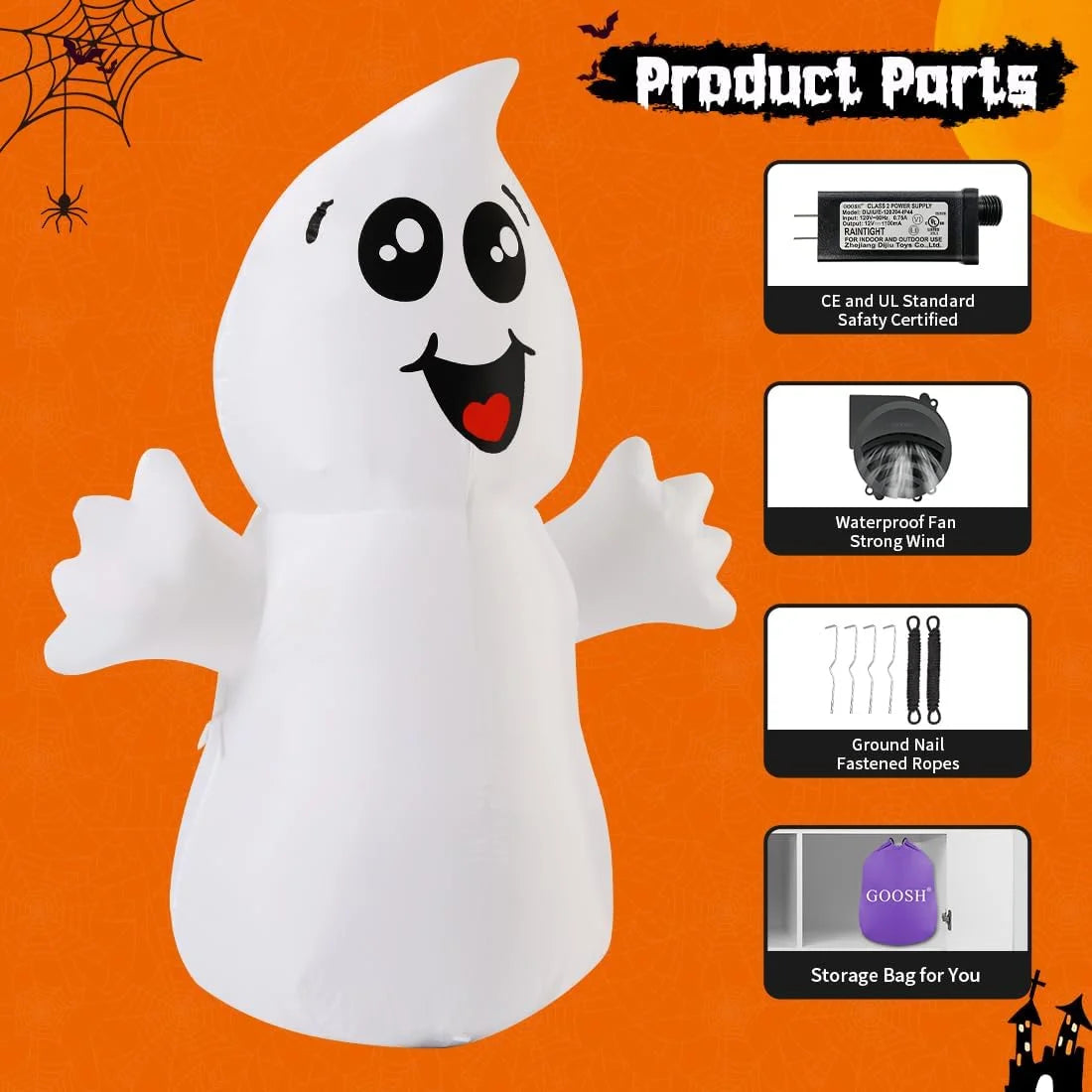 Cute 5ft Halloween Inflatable Ghost with LED Lights Built-In, Outdoor Halloween