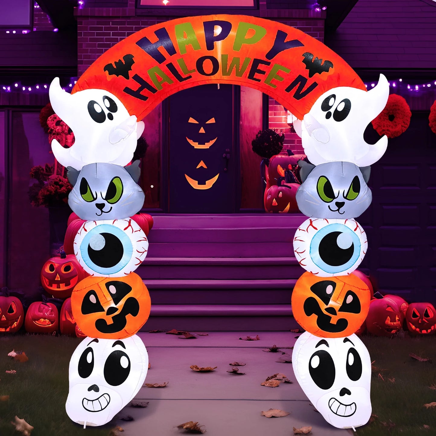 8 FT Halloween Inflatable Cute Stacked Characters Halloween Archway Decorations Inflatable with Build-In Leds,Halloween Blow up Yard Decorations
