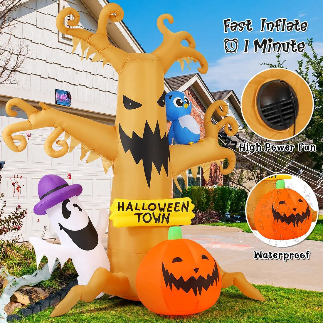 Spook-tacular 8 FT Inflatable Halloween Tree with Glowing Ghost Pumpkin and Wise Owl - Perfect for a Thrilling Halloween Bash!