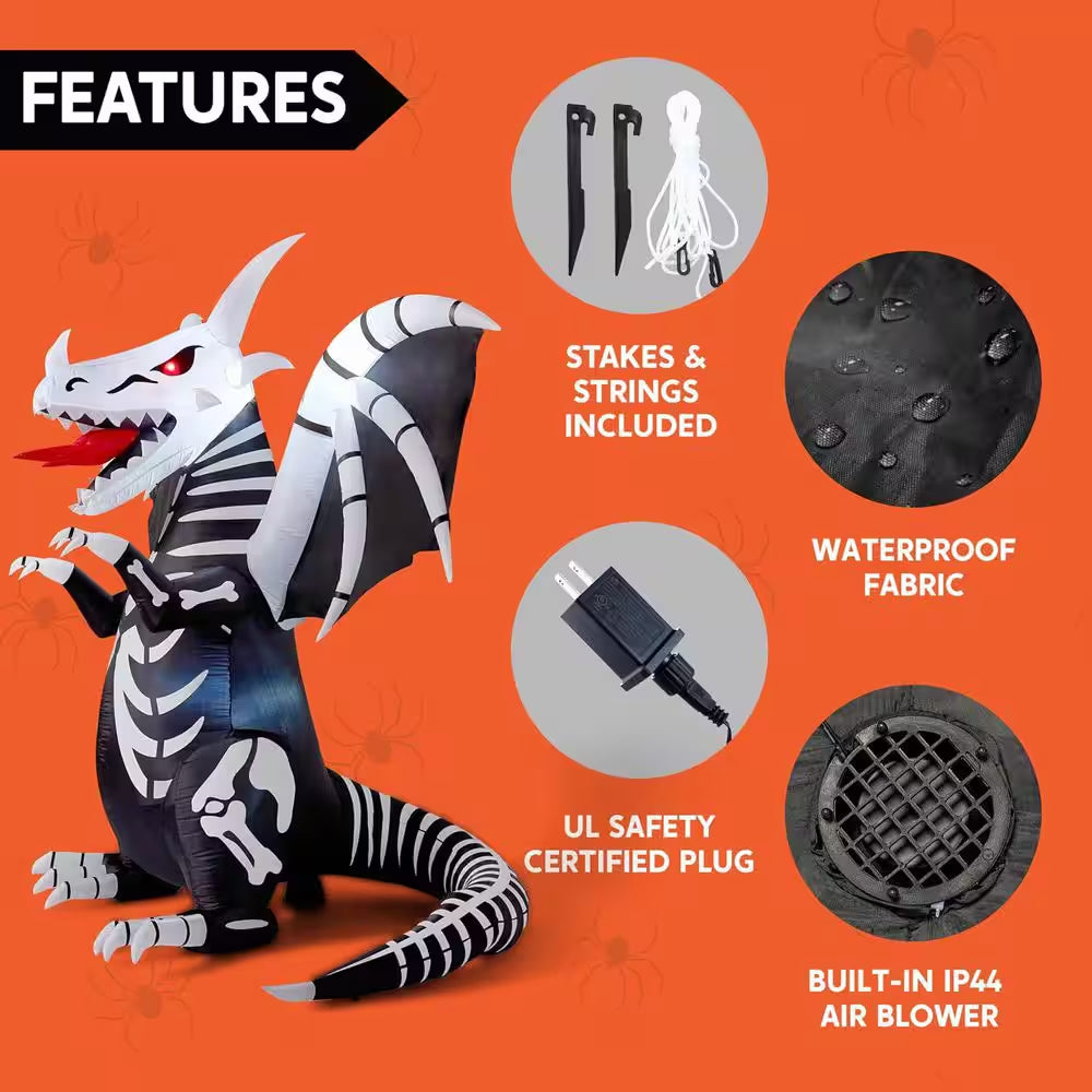 9.2 Ft. LED Halloween Skeleton Dragon with Red Eyes Inflatable