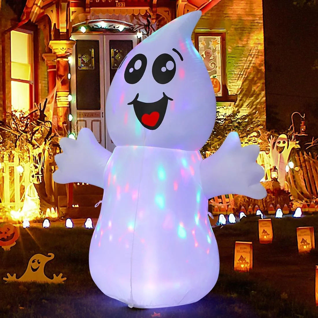 Cute 5ft Halloween Inflatable Ghost with LED Lights Built-In, Outdoor Halloween