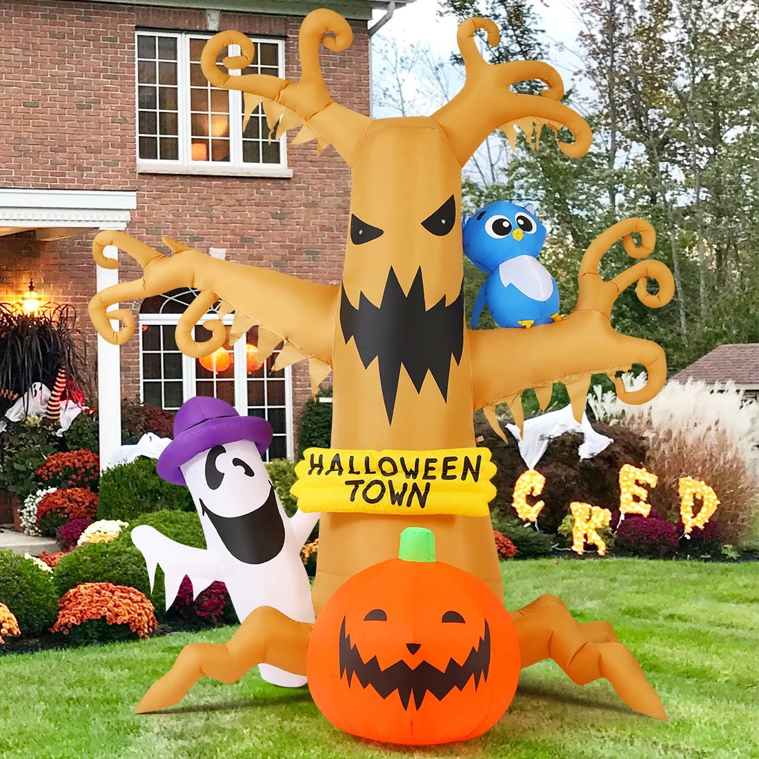 Spook-tacular 8 FT Inflatable Halloween Tree with Glowing Ghost Pumpkin and Wise Owl - Perfect for a Thrilling Halloween Bash!