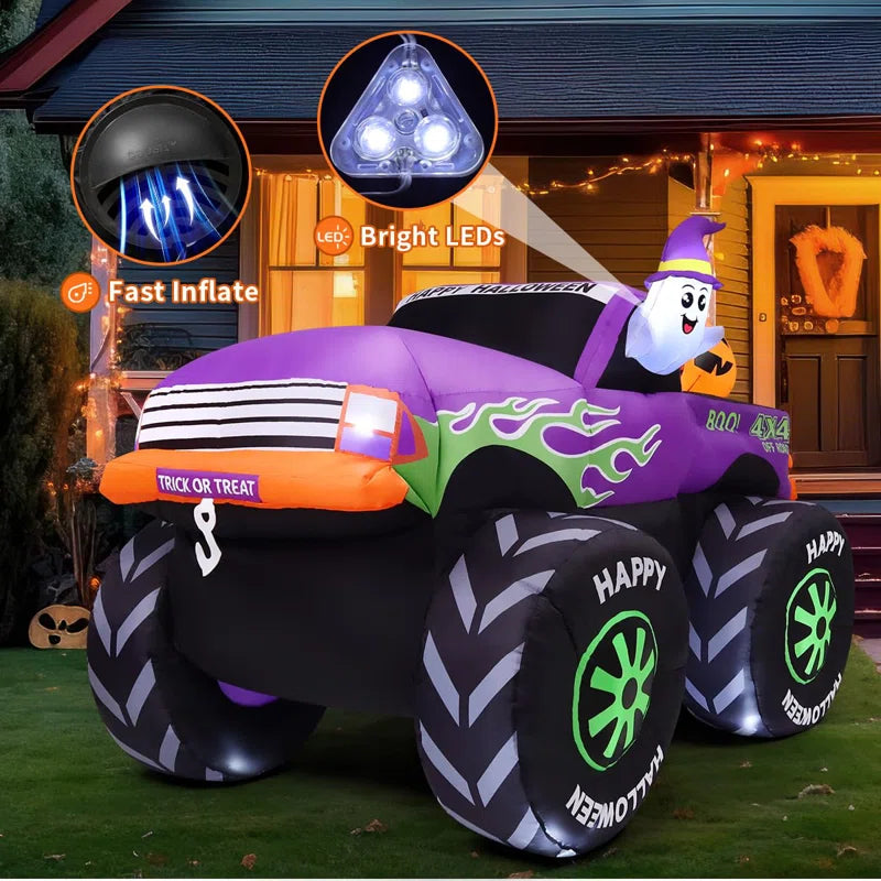 Elevate Your Halloween Spirit with the 8 FT Long Animated Monster Truck Inflatable Ghost & Pumpkin Display featuring Vibrant Built-In LEDs!