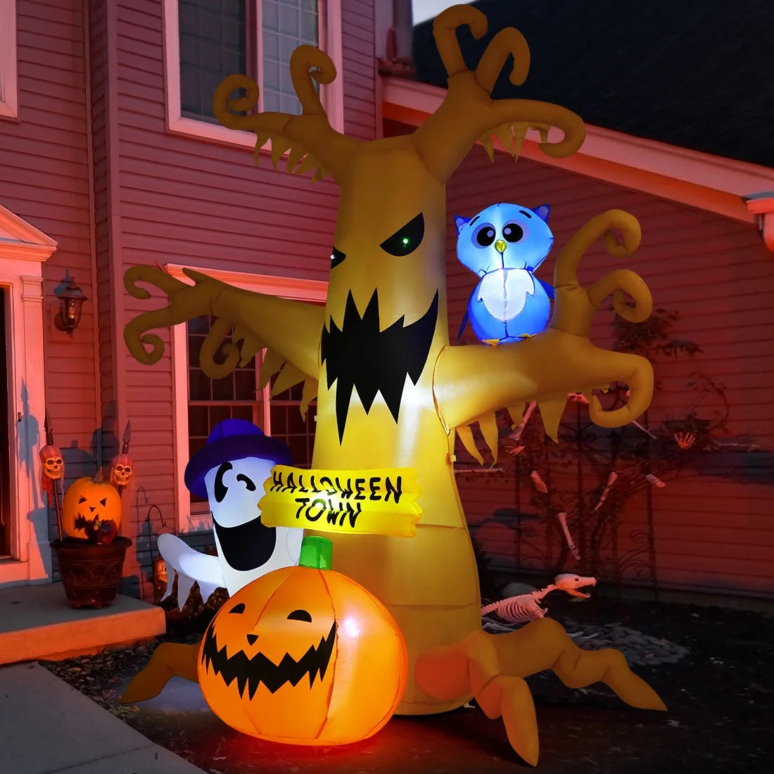 Spook-tacular 8 FT Inflatable Halloween Tree with Glowing Ghost Pumpkin and Wise Owl - Perfect for a Thrilling Halloween Bash!