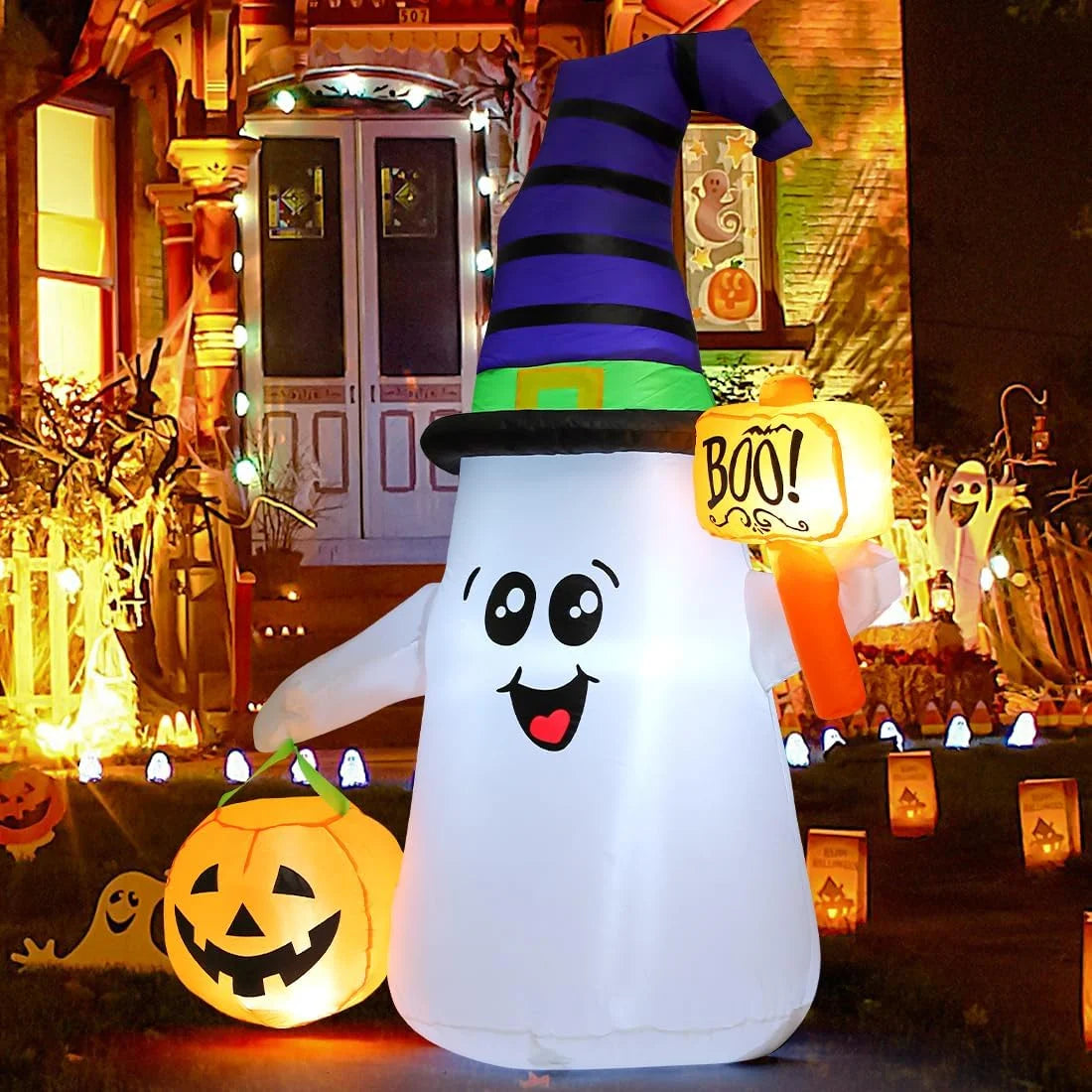 Halloween Inflatable 5 FT Blow up Ghost Inflatable with Pumpkin, Halloween Inflatables Ghost Cute Outdoor Ghost Decorations, Halloween Blow up Decorations Clearance for Holiday/Garden/Lawn