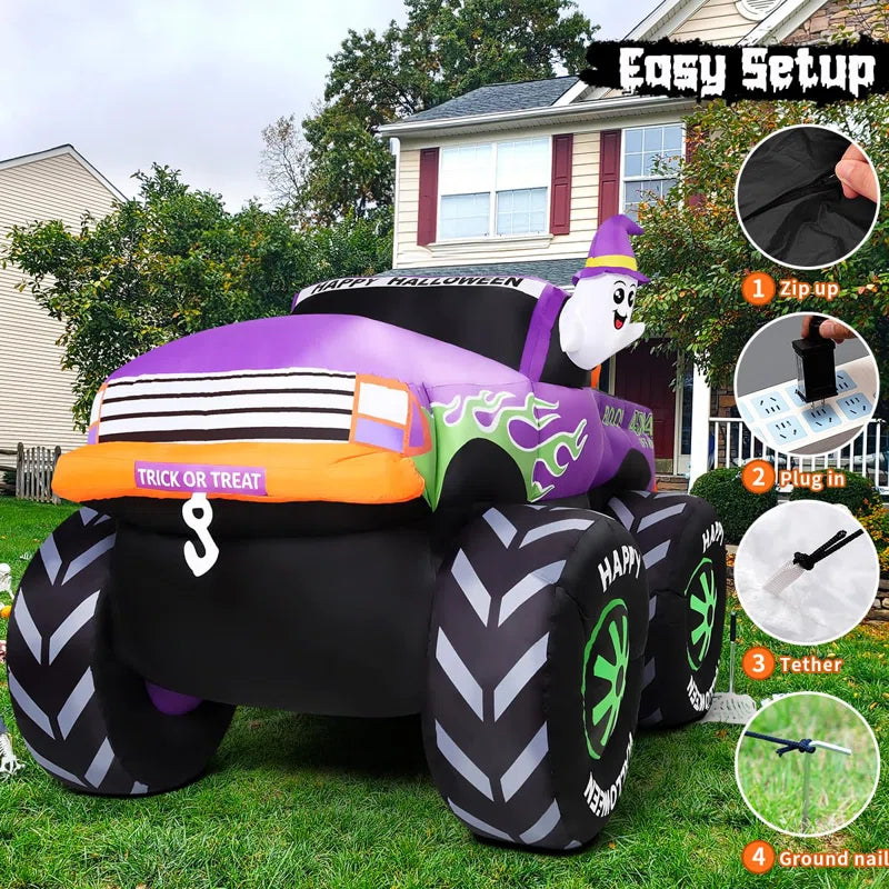 Elevate Your Halloween Spirit with the 8 FT Long Animated Monster Truck Inflatable Ghost & Pumpkin Display featuring Vibrant Built-In LEDs!