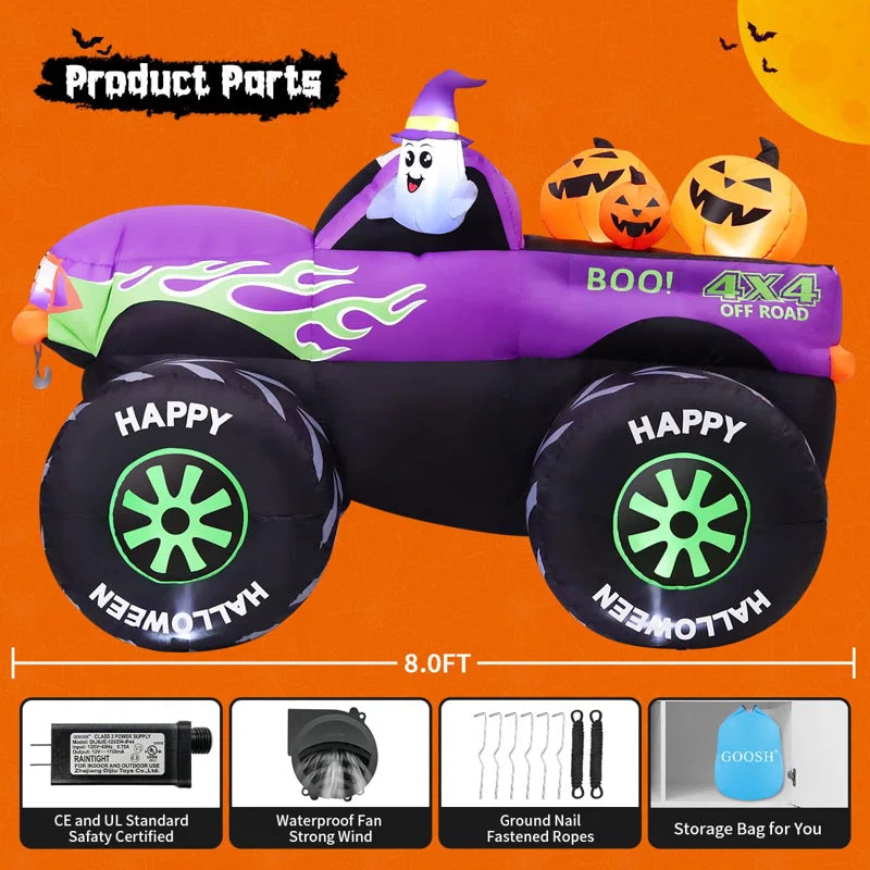 Elevate Your Halloween Spirit with the 8 FT Long Animated Monster Truck Inflatable Ghost & Pumpkin Display featuring Vibrant Built-In LEDs!