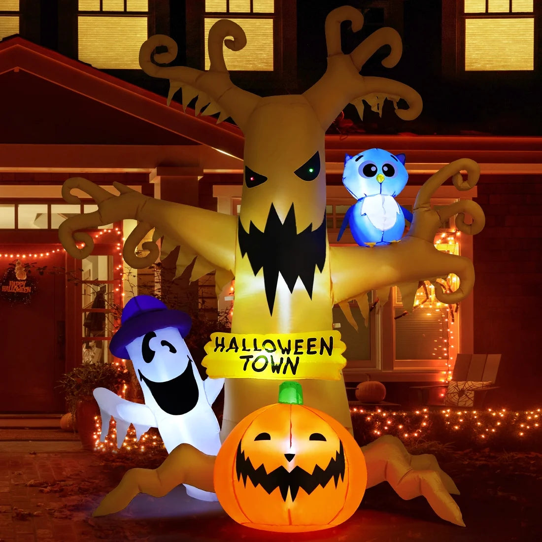 Spook-tacular 8 FT Inflatable Halloween Tree with Glowing Ghost Pumpkin and Wise Owl - Perfect for a Thrilling Halloween Bash!