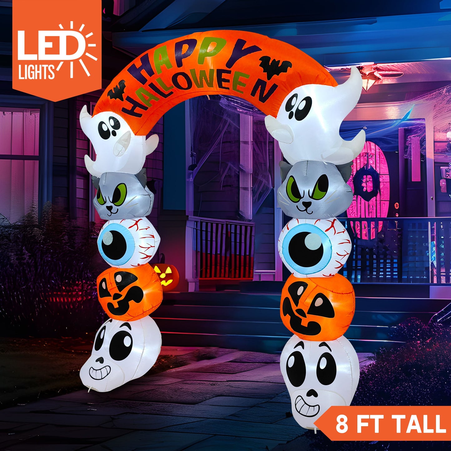 8 FT Halloween Inflatable Cute Stacked Characters Halloween Archway Decorations Inflatable with Build-In Leds,Halloween Blow up Yard Decorations