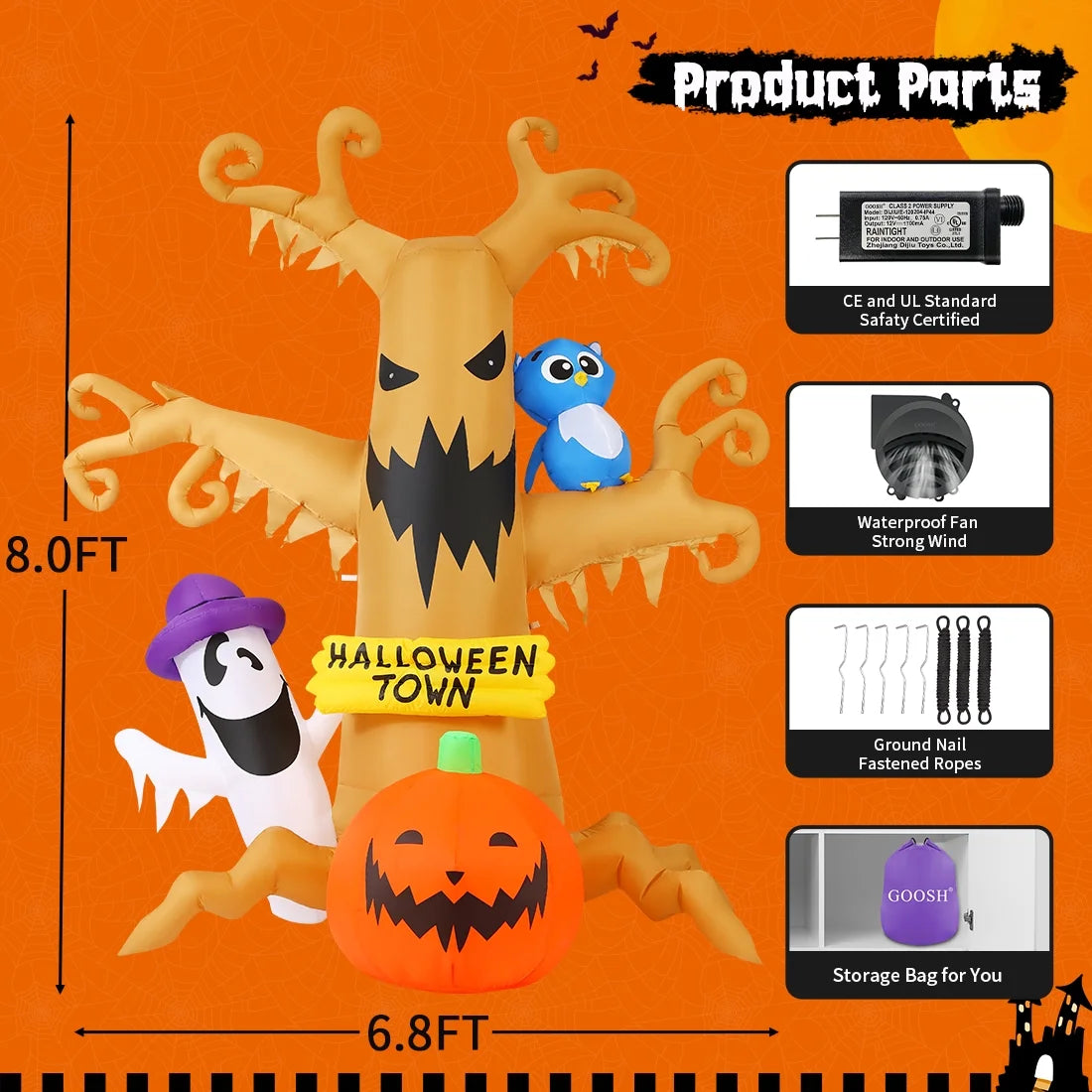 Spook-tacular 8 FT Inflatable Halloween Tree with Glowing Ghost Pumpkin and Wise Owl - Perfect for a Thrilling Halloween Bash!