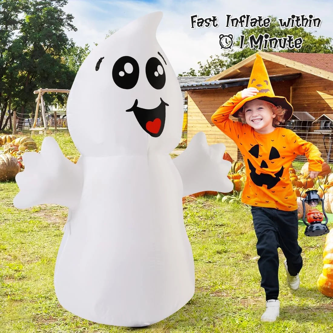 Cute 5ft Halloween Inflatable Ghost with LED Lights Built-In, Outdoor Halloween