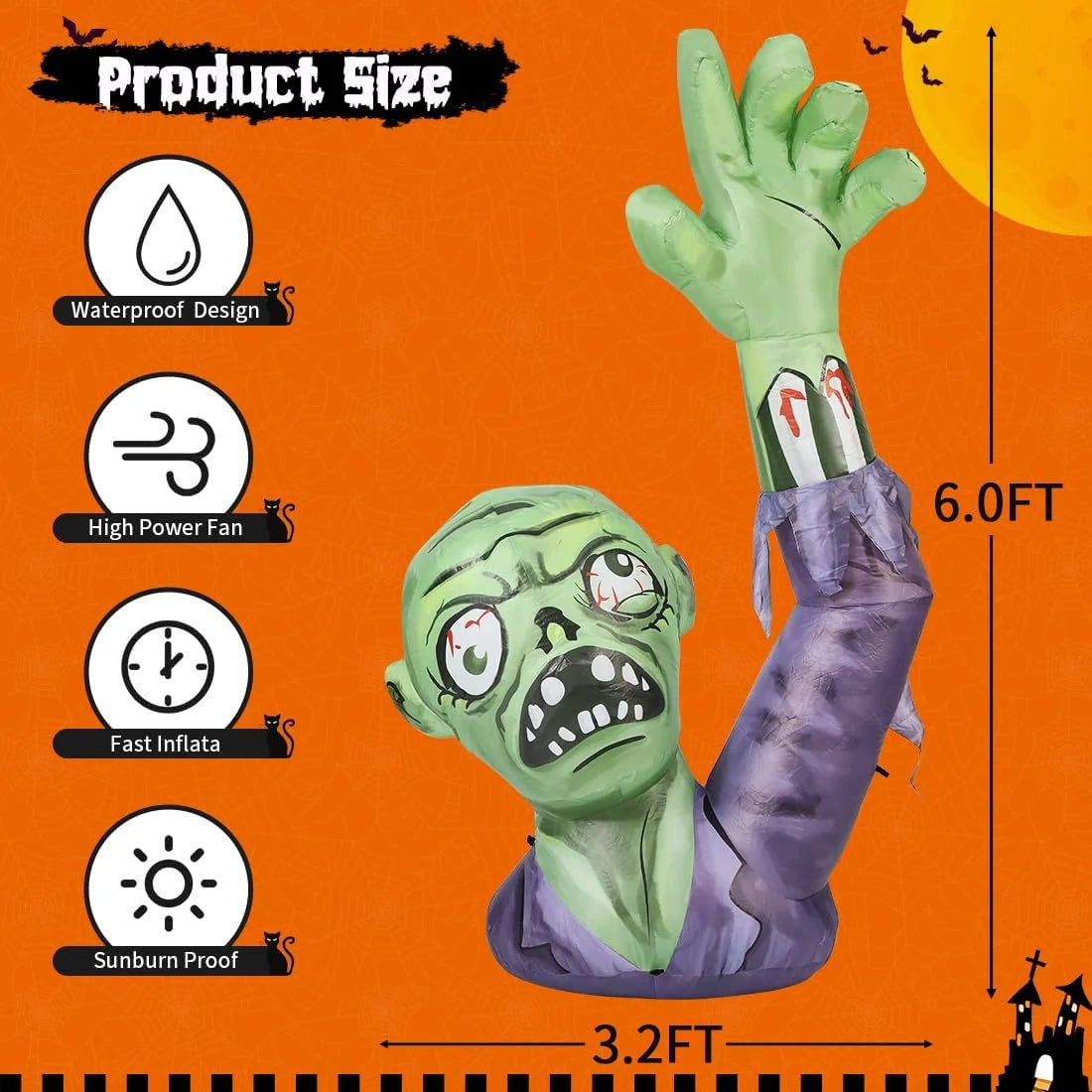 Halloween Inflatable 6 FT Zombie Inflatable Raising Hands, Zombie Inflatable Halloween Decorations Scary Zombie Outdoor Decorations with Lights, Halloween Inflatables Clearance for Holiday/Party