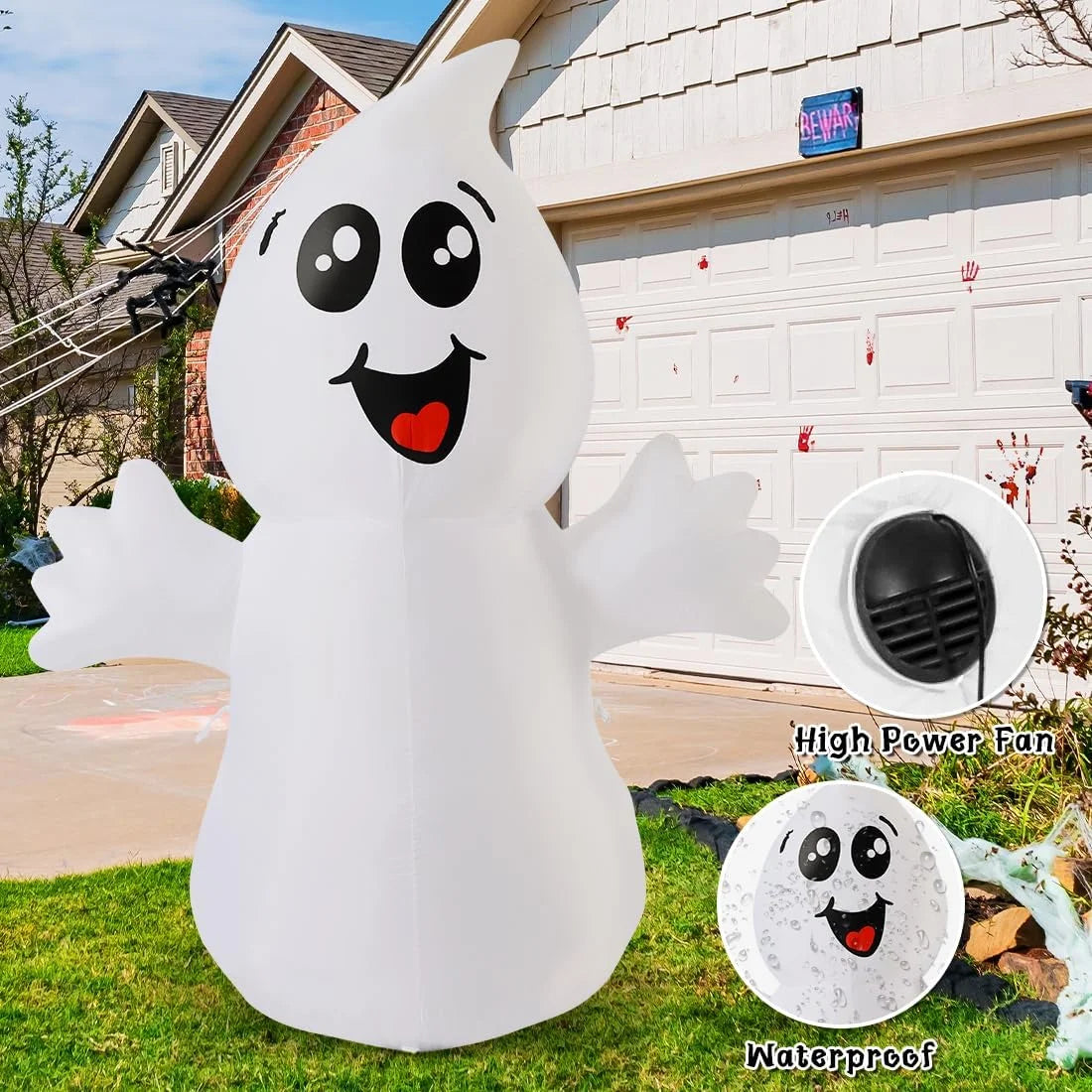 Cute 5ft Halloween Inflatable Ghost with LED Lights Built-In, Outdoor Halloween