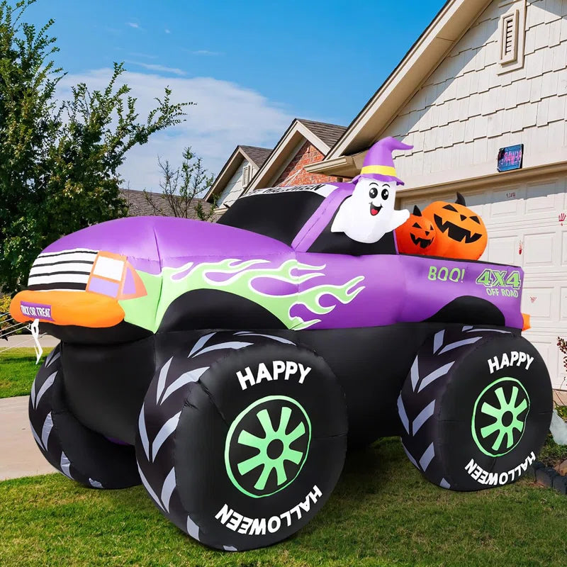 Elevate Your Halloween Spirit with the 8 FT Long Animated Monster Truck Inflatable Ghost & Pumpkin Display featuring Vibrant Built-In LEDs!