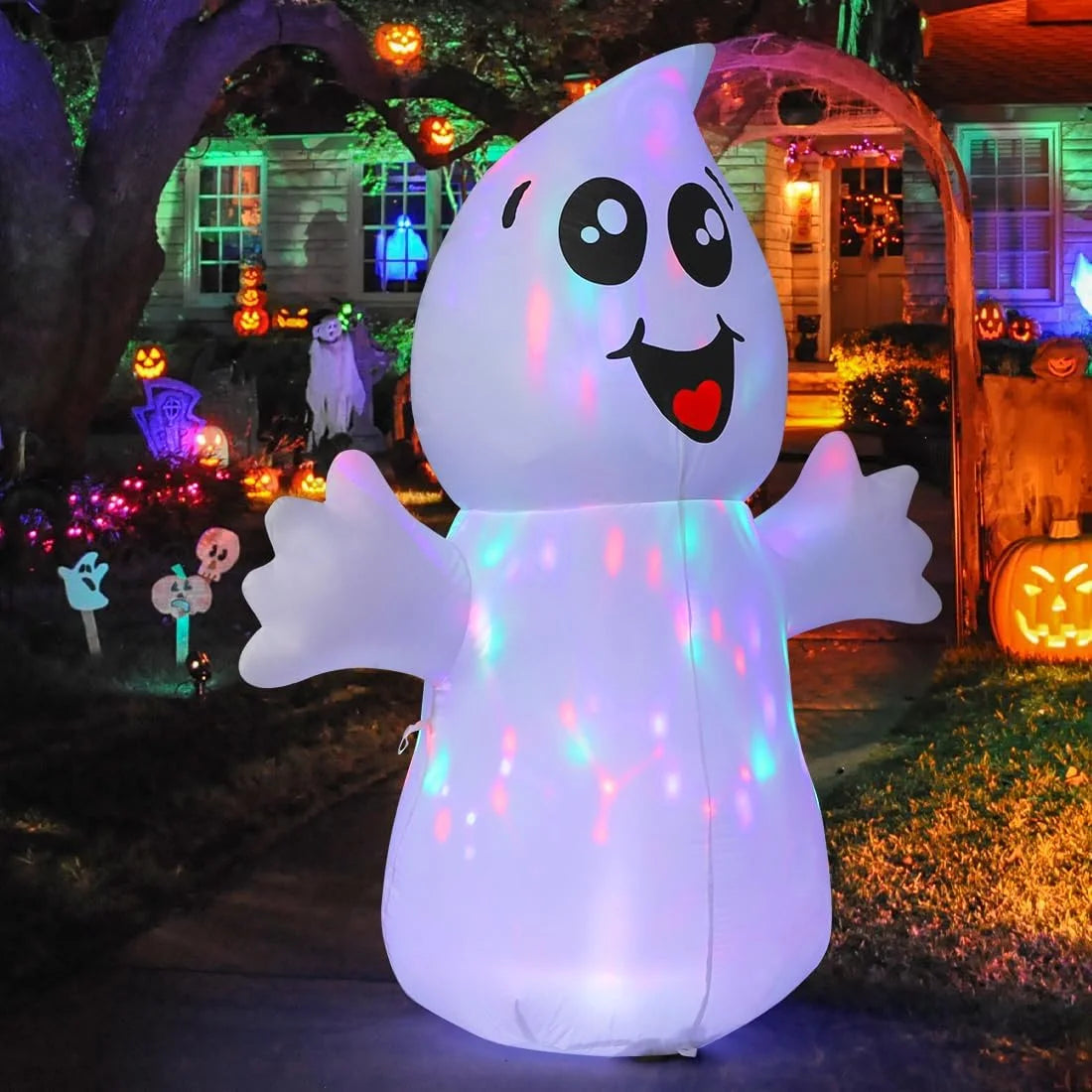 Cute 5ft Halloween Inflatable Ghost with LED Lights Built-In, Outdoor Halloween