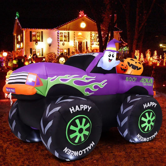 Elevate Your Halloween Spirit with the 8 FT Long Animated Monster Truck Inflatable Ghost & Pumpkin Display featuring Vibrant Built-In LEDs!