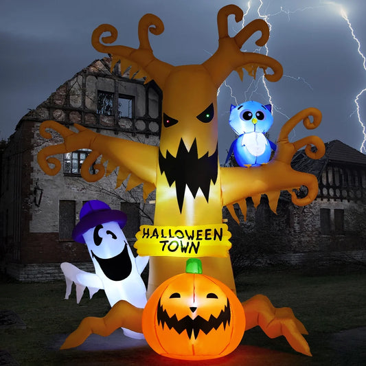 Spook-tacular 8 FT Inflatable Halloween Tree with Glowing Ghost Pumpkin and Wise Owl - Perfect for a Thrilling Halloween Bash!