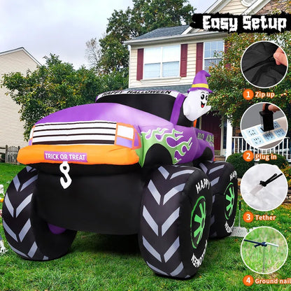 Elevate Your Halloween Spirit with the 8 FT Long Animated Monster Truck Inflatable Ghost & Pumpkin Display featuring Vibrant Built-In LEDs!