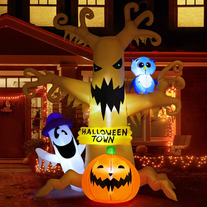 Spook-tacular 8 FT Inflatable Halloween Tree with Glowing Ghost Pumpkin and Wise Owl - Perfect for a Thrilling Halloween Bash!