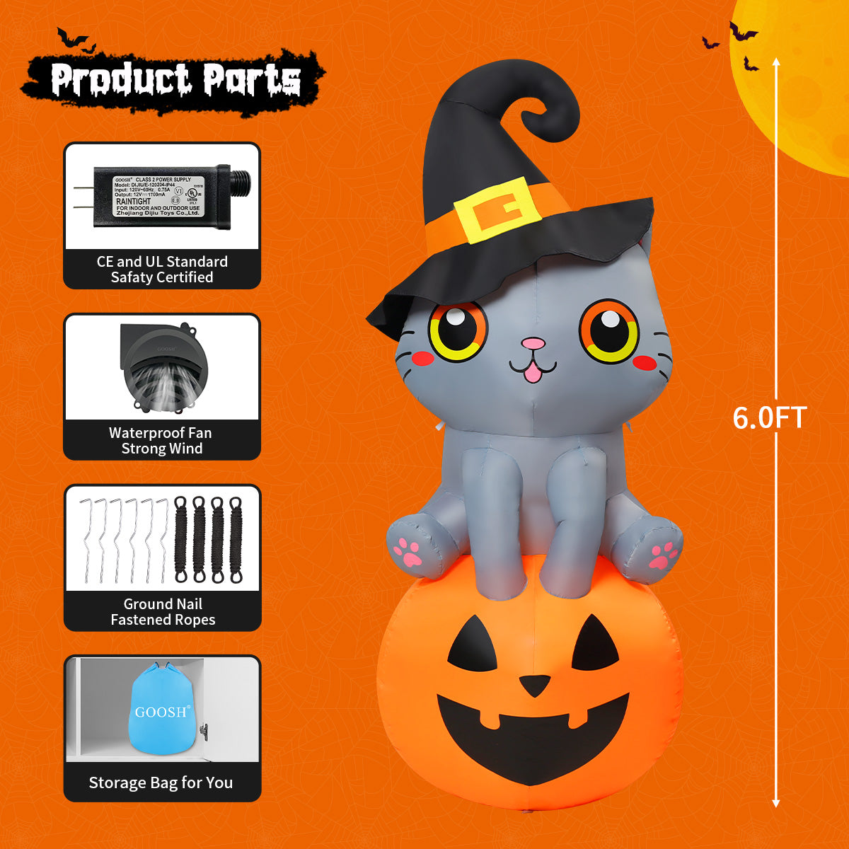 6 FT H Inflatable Cat Pumpkin with LED Lights